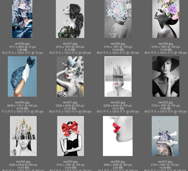 黑白背景装饰画素材高清画芯图库北欧人物动物风景三联画挂画