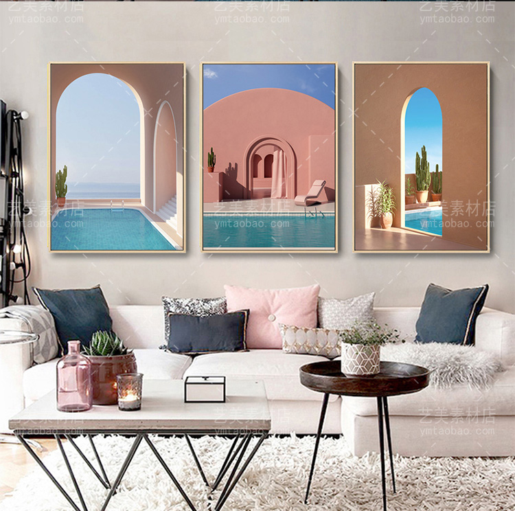 简约现代莫兰迪色北欧粉色几何建筑装饰花图画芯喷绘素材源文件