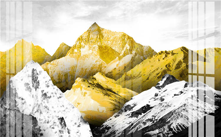 新中式金山飞鸟意境金色抽象画禅意靠山水高清图库装饰画芯素材