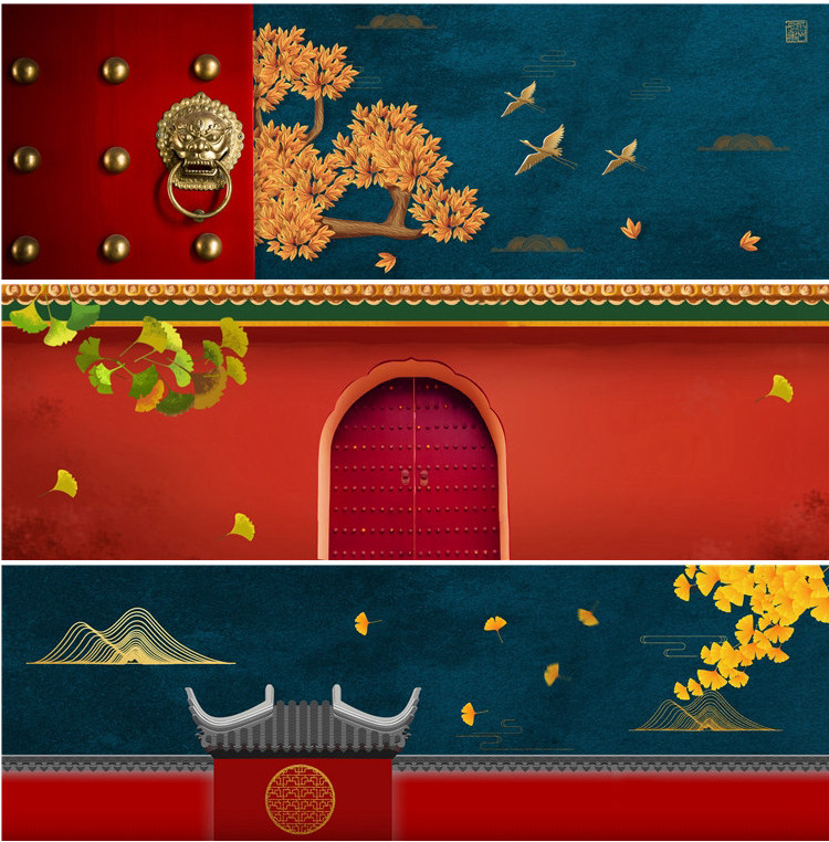 新中式中国风国潮现代卧室床头装饰画画芯素材高清图库横幅故宫