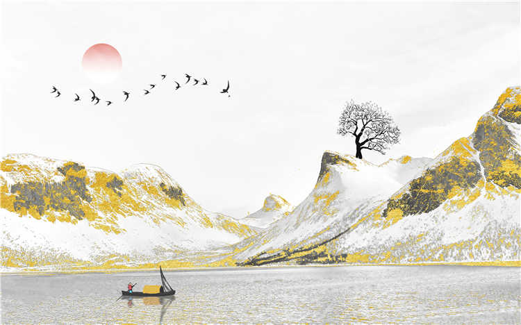 新中式金山飞鸟意境金色抽象画禅意靠山水高清图库装饰画芯素材