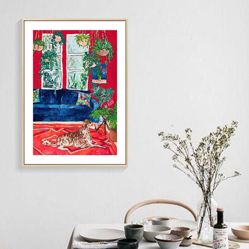 北欧现代简约小清新手绘沙发猫咪植物客厅小众装饰画画芯素材