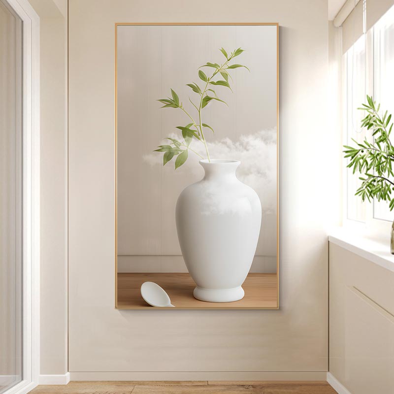 现代简约花瓶绿植光影侘寂风沙发背景墙装饰画高清素材图库