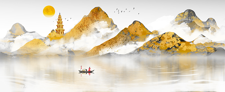 中式水墨山水禅意现代晶瓷画中国风卧室装饰画芯高清素材图库