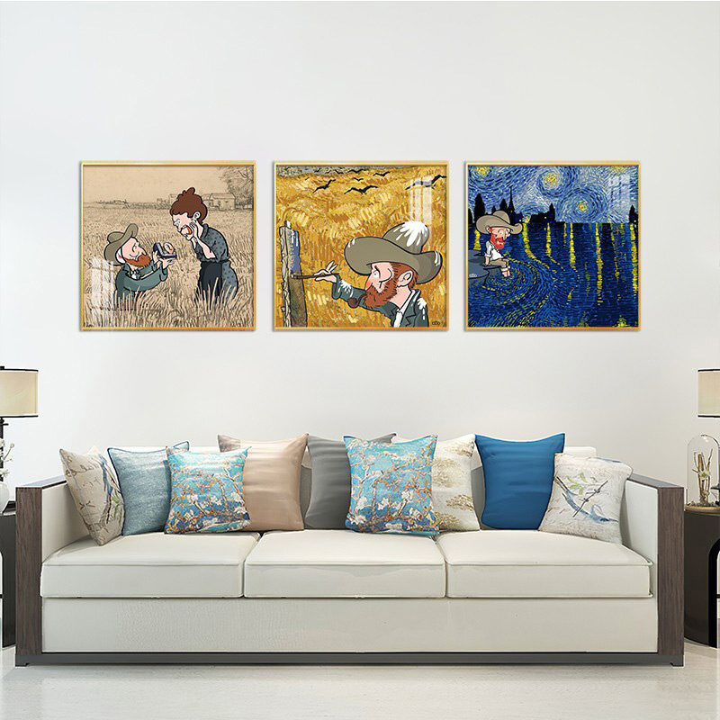 现代手绘卡通人物梵高星空名画油画创意装饰画高清素材图库